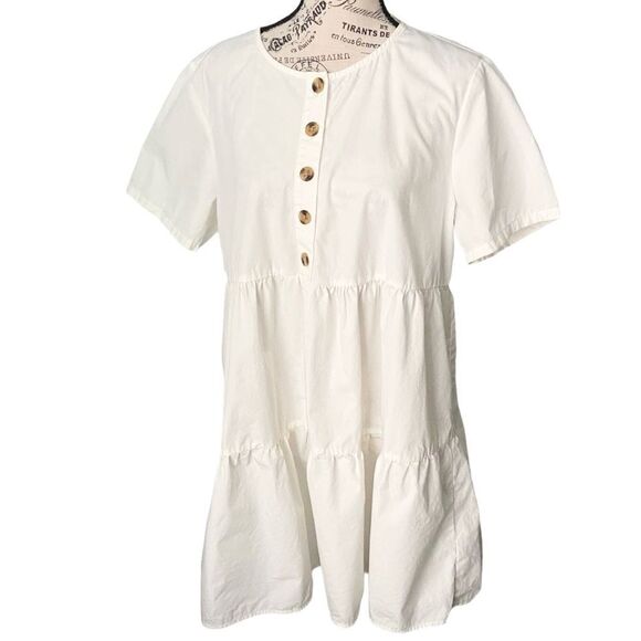 Madewell Button-Front Short Sleeve Tiered Mini Dress in Size Large in Lighthouse - Picture 5 of 12